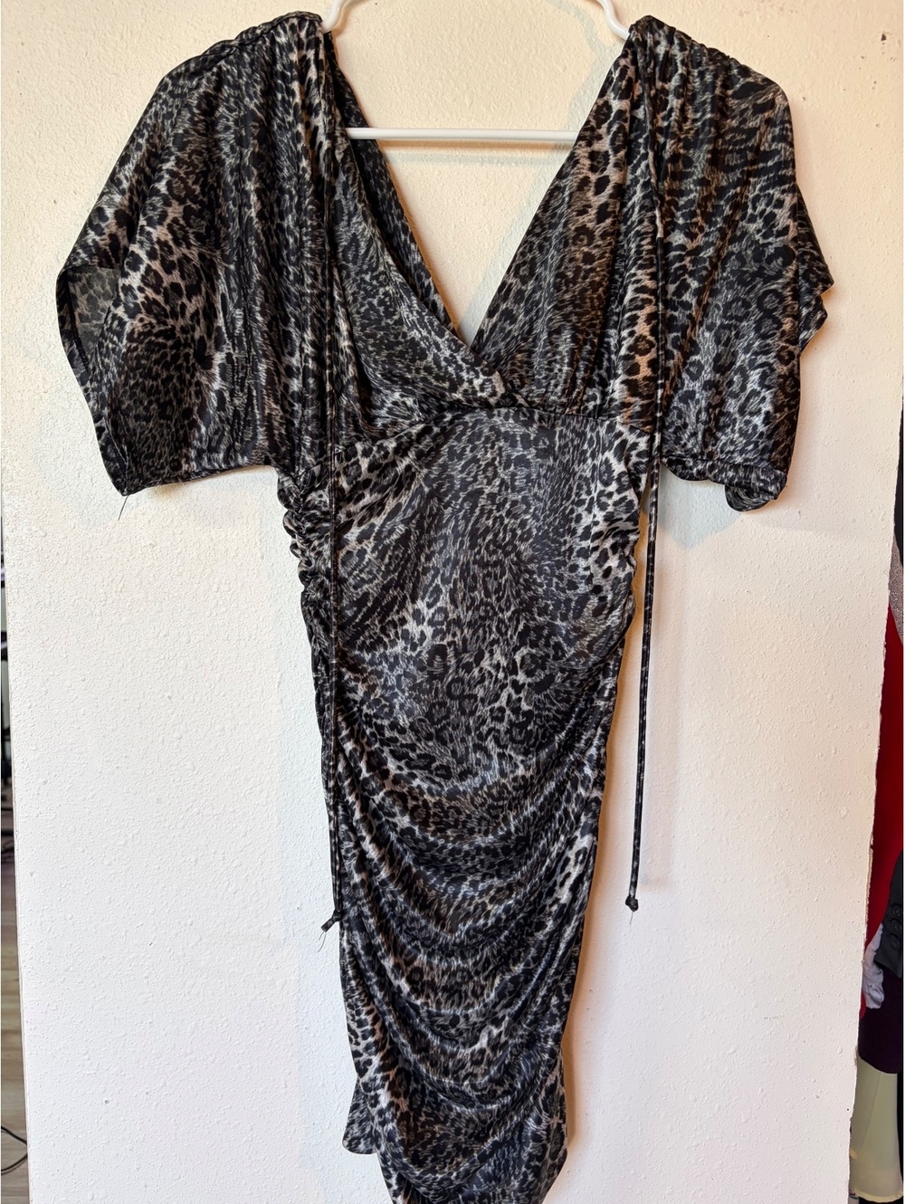 Love Tease Y2K Leopard Print Ruched Bodycon Dress S Bell Sleeve McBling